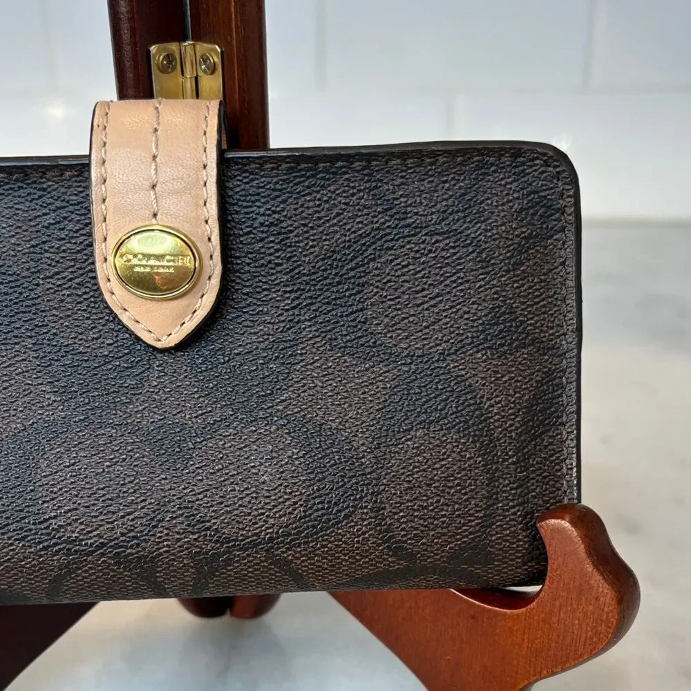 Coach Wallet Signature Logo Coated Canvas Slim Brown Tan Black Designer